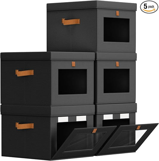 Homsorout Storage Bins with Lid – Closet Organizer with Side Opening and Clear Window, Foldable Stackable Fabric Basket for Clothes, Home, Office - 13.77" x 11.8" x 9.8", 5 Pack, Black
