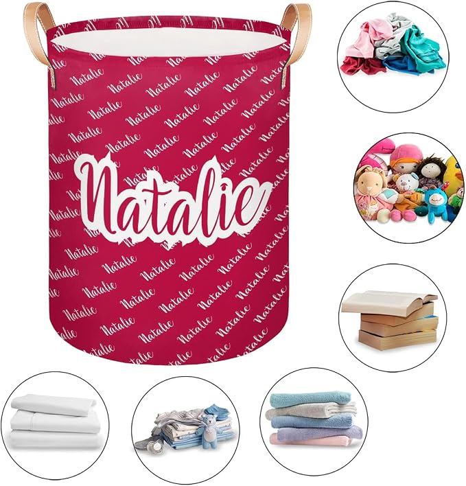 Personalized Laundry Basket, Custom Gift Laundry Hamper, Collapsible Nursery Waterproof Laundry Baskets, Dirty Clothes Toy Hamper with Handles Name Red