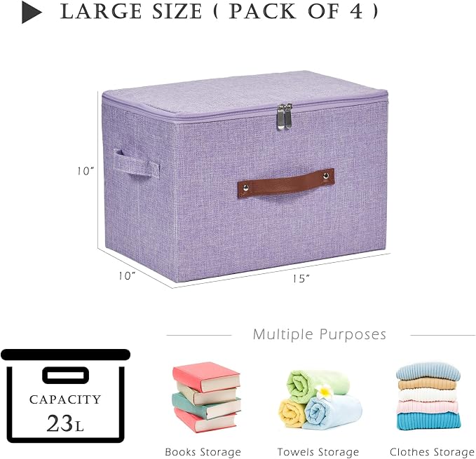 4 Pack Storage Bins with Zipper Lid Cotton Linen Fabric Lidded Storage Baskets Boxes Foldable Washable Closet Shelf Clothes Organizer Container with PU Leather Handles (Purple, Large)