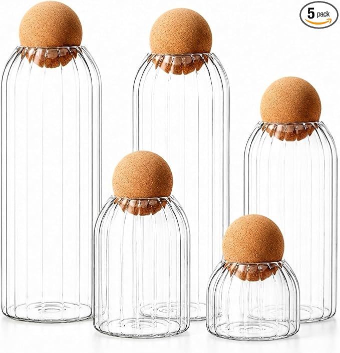 Suclain 5 Pack Glass Jar Set Food Tank with Spherical Cork Cute Ball 4 Sizes Candy Jars Clear Coffee Canister Airtight for Kitchen Bottle Holder Serving Spice Sugar Tea(Vertical Pattern Style)
