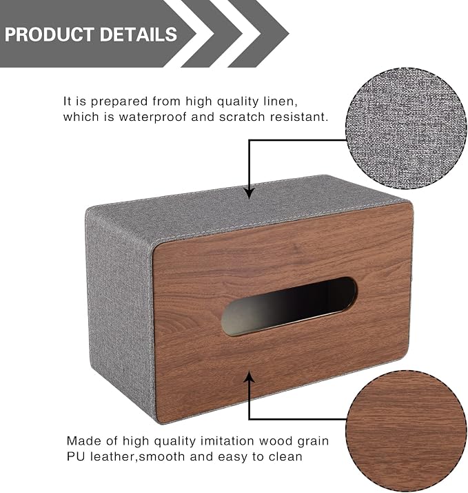 Tissue Box Cover Rectangle Tissue Box Holder PU Leather Facial Organizer with Magnetic Bottom,Decorative Napkin Caddy for Vanity Dresser Night Stand Table Countertop Home Office Car,Grey