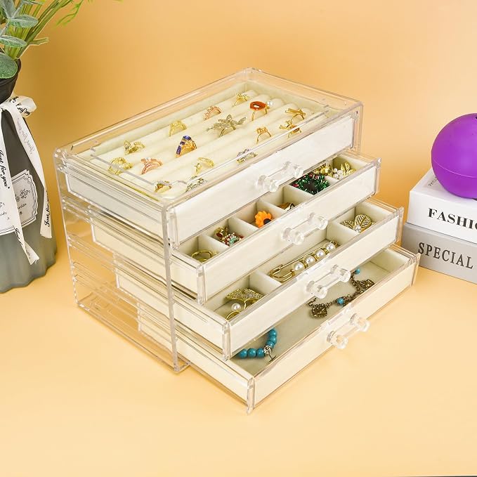Weiai Acrylic Jewelry Organizer Box 4 Drawer Earring Case Storage for Women Beige