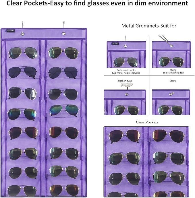Over the Door Hanging Sunglasses Organizer Storage Sunglass Rack Holder Eyewear Display Case with 16 Clear Dust Proof Pockets (16 Pockets-Purple)
