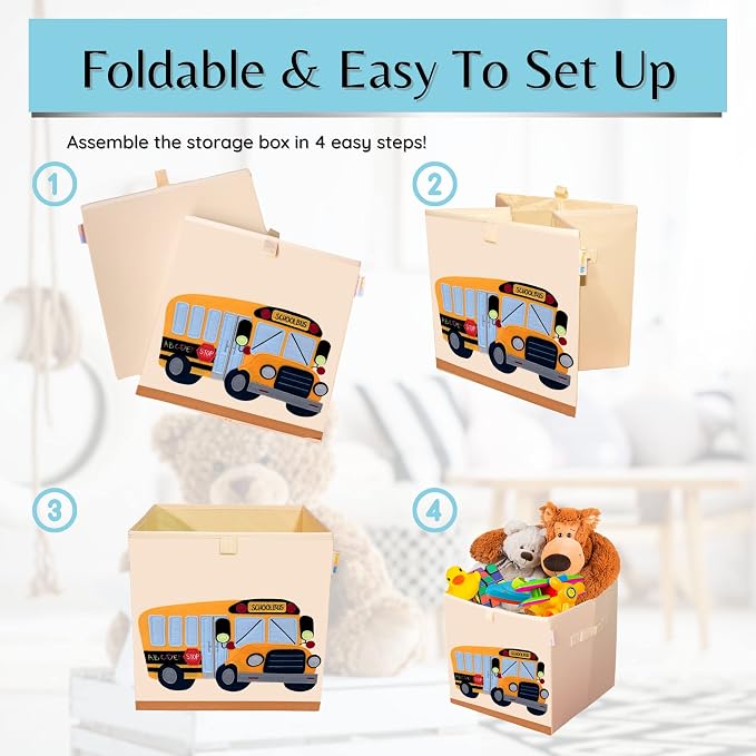 Washable Cube Storage Organizer Bins, Foldable Canvas Toy Organizers and Storage for Toys, Books, Clothes- Kids Storage Bins for Bedroom or Playroom -13x13x13 Inch (School Bus)