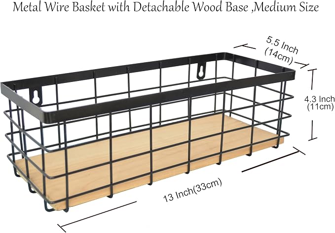 ShabbyDecor Detachable Wood Base Wire Basket tabletop or wall mount, Medium | Farmhouse Hanging Basket, Storage Organizer for Kitchen Cabinets, Bathroom, Pantry, Laundry Room