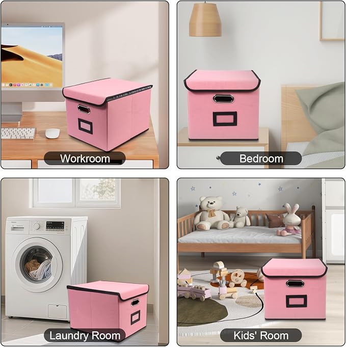 File Storage Box with Lid, 15.55x12.87x10.43 Inches, Foldable Organizer with Handles & Label Slot, for File Storage, Home, Office, and Closet Organization(4 Packs, Pink)