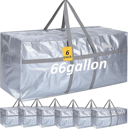 6 Pcs 66 Gallon Extra Large Moving Bags Heavy Duty Storage Bag with Strong Zipper Handle Foldable XXL Jumbo Storage Tote Packing Moving Box for College Dorm Travel Cloth Duffle (Silver)