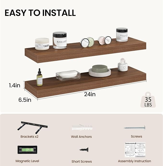 Vivelove 24 Inch Floating Shelves Wall Mounted for Display, 6.5 Deep Duty Shelves with Invisible Brackets for Living Room,Bedroom,Kitchen, Bathroom Storage & Decor,24" Wx6.5 Dx1.4 H - Walnut