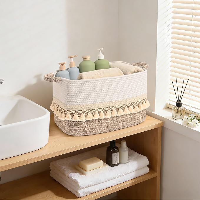 2 Pack Storage Basket for Shelves, Boho Cotton Rope Storage Bins with Heavy Tassel, Shelf Baskets Large Woven Baskets for Organizing, Cube Organizer Bins, Baby Laundry Basket for Clothes, Toys, Pets
