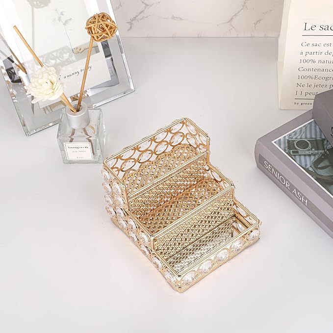 Hipiwe Crystal Business Card Holder - 3 Tiers Gold Mirrored Name Card Display Stand Desktop Business Card Storage Organizer for Office Desk, Holds 120 Business Cards