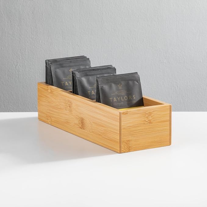 mDesign Bamboo Wood Slim Food Storage Organizer Box, 3 Section, Divided Compartment Bin; Container for Kitchen, Pantry; Holder for Spices, Snacks, Tea, Coffee - Echo Collection - 2 Pack -Natural