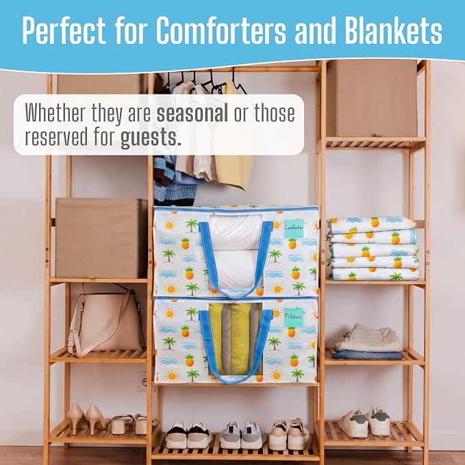 VENO 8 Pack Heavy Duty Moving Bags, Clothes and Comforter Storage Bags with Clear Window, College Dorm Essentials Packing Supplies, Foldable Boxes Alternative (Tropical Island, 8 Pack)