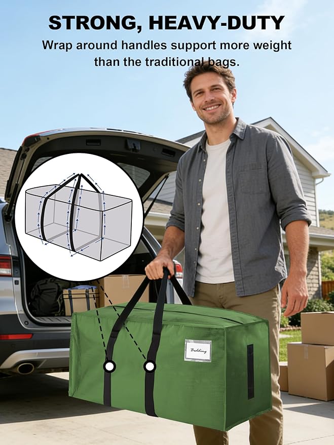 HOMESURE Supports 200lbs Heavy Duty Moving Bags - Strong Zipper & Wrap-Around Handles - Water-Resistant Storage Totes, Durable Alternative to Moving Boxes - 40 Pack - Olive Green