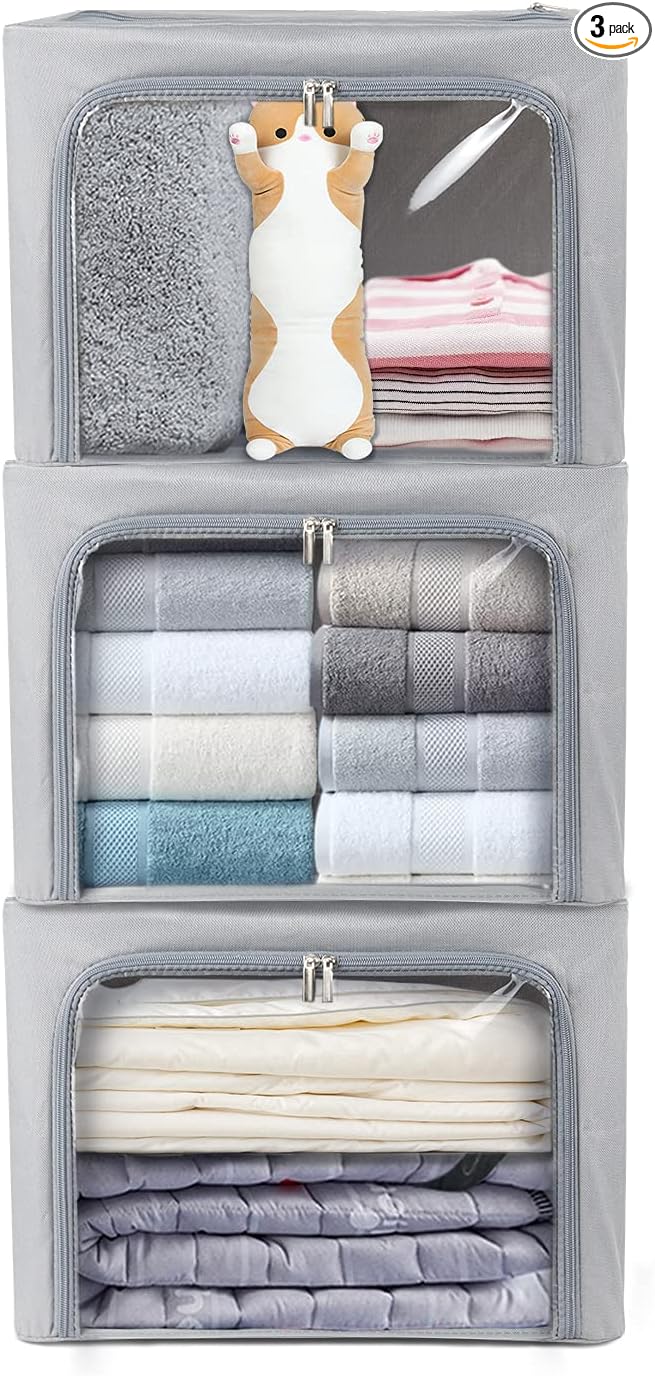 Clothes Storage Box Bins Stackable Foldable Organizer with Metal Frame for Clothing Bedding Shelves,Closet Container with Clear Window Zipper and Label Holder (Gray,Small-40L x3 Pack)