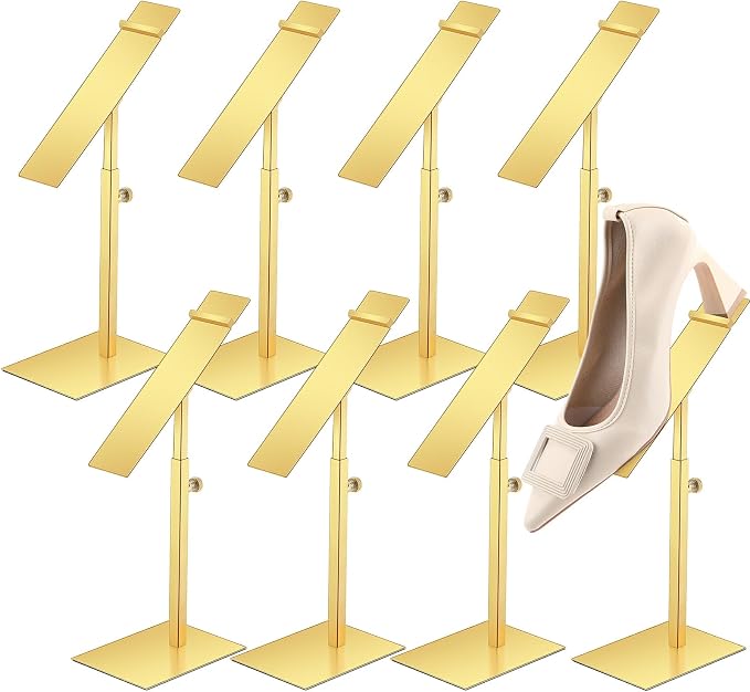 Therwen 8 Pcs Gold Shoe Display Stand Shoe Rack Stainless Steel Golden Metal Riser High Heel Display Rack Holder for Home Shopping Malls (Square Shape,Golden)