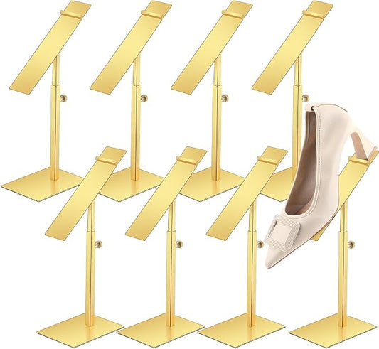 Therwen 8 Pcs Gold Shoe Display Stand Shoe Rack Stainless Steel Golden Metal Riser High Heel Display Rack Holder for Home Shopping Malls (Square Shape,Golden)