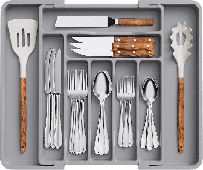 Lifewit Utensil Organizer for Kitchen Drawer, Expandable Cooking Silverware Tray, Adjustable Cutlery Flatware Holder, Plastic Spatula Tools Storage Divider, 11.8-19.6 x 15", Gray