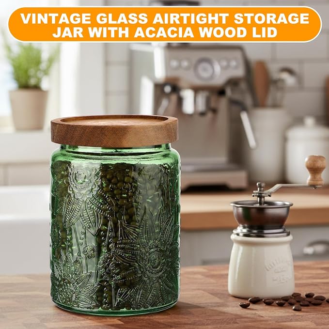 LemonRoad 2 Pcs Vintage Glass Storage Jars 23.67 oz Candy Jar Canister with Solid Wood Lids Food Storage Container for Kitchen, Ground Coffee, Tea, Sugar, Decorative Mason Cookie Jars (Green)