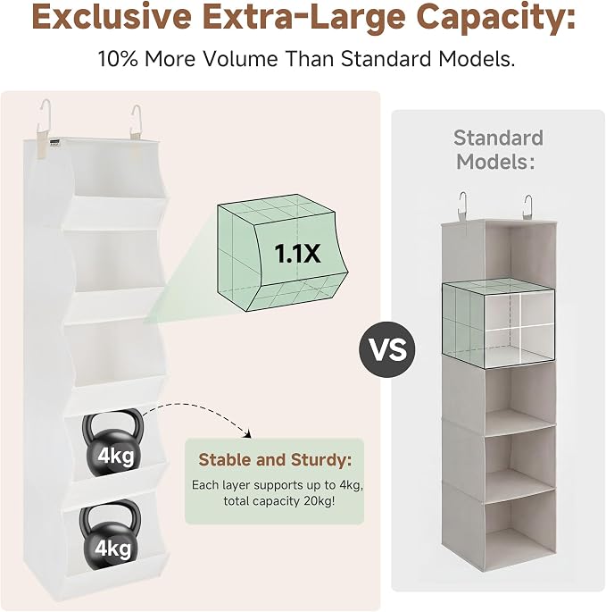 StorageWorks Basics Hanging Closet Organizer, 5-Shelf Wide Trapezoid Closet Shelves with Reinforced Anti-Sagging Support for Sweaters, Hoodies and Handbags, Foldable Storage Organizer, Beige