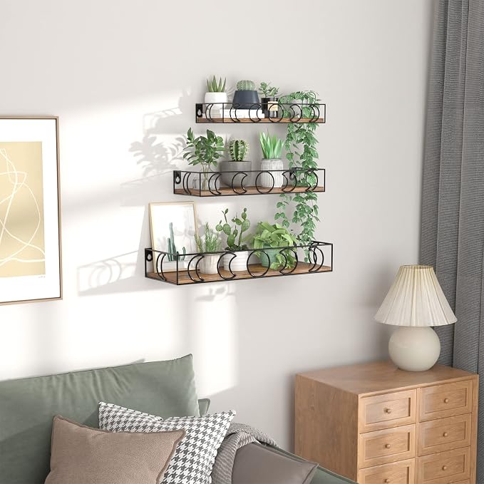 PHAREGE Moon Phase Floating Shelves Brown Black Set of 3 | Small Decorative Wall Shelves for Book Plant Storage, Crystal Figurine Collectibles Display Shelf for Bedroom Kid Room