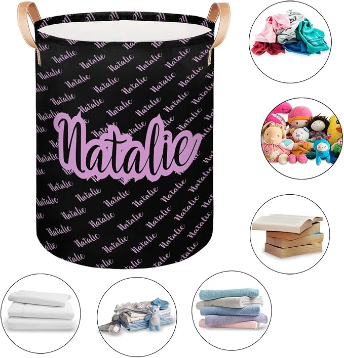 Personalized Laundry Basket, Custom Gift Laundry Hamper, Collapsible Nursery Waterproof Laundry Baskets, Dirty Clothes Toy Hamper with Handles Name Text Black Light Purple