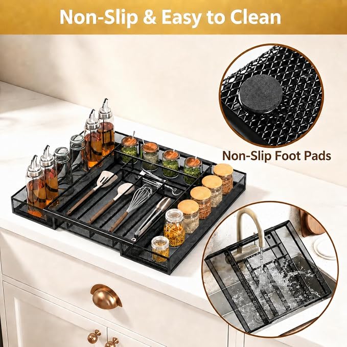 Sedegn Silverware Organizer Metal Mesh, Large Drawer Organizer, Utensil Cutlery Tray for kitchen drawers, Expandable Flatware Organizer with 8 Compartment Black 11.6"~20" x 17.3"