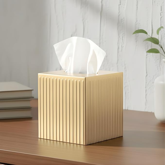 Monarch Abode Tissue Box Cover Square – Handcrafted Ridge Embossed Brushed Gold Metal Tissue Holder Box for Bathroom Accessory, Aesthetic Decorative Facial Napkin Cube for Modern Home Decor