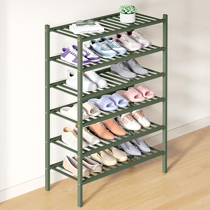 Smiry Bamboo Shoe Rack for Closet, 6 Tier Wooden Shoe Organizer, Stackable Wood Shoe Storage Shelf for Entryway, 14 Vertical Slats, 3+3 Stack Heavy-Duty Legs, 26.77"x11.02"x36.61", Green