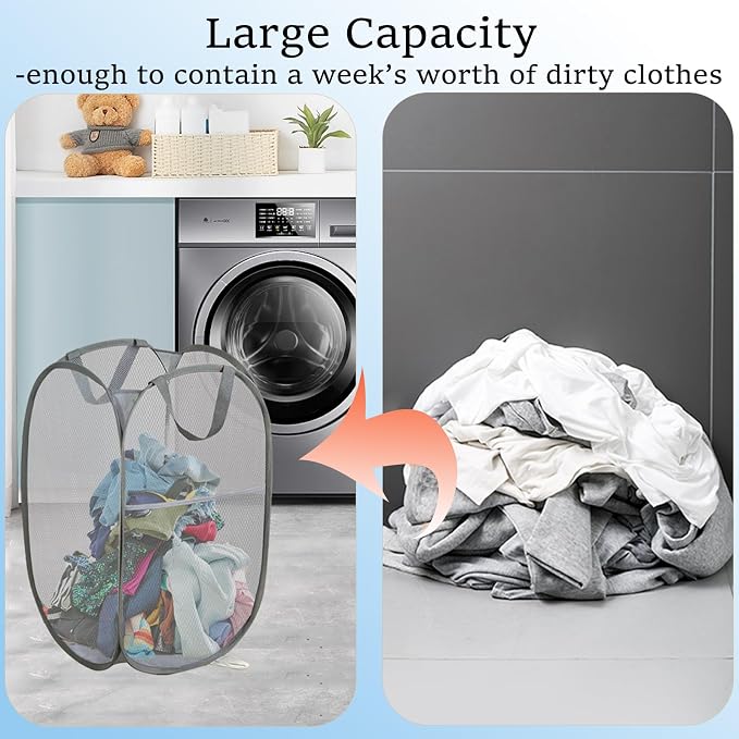 2 Pack Pop Up Laundry Hamper, Collapsible Laundry Baskets, Foldable Mesh Laundry Baskets Storage Bins Large Top Opening for Bedroom, College Dorm, Travel (Grey)