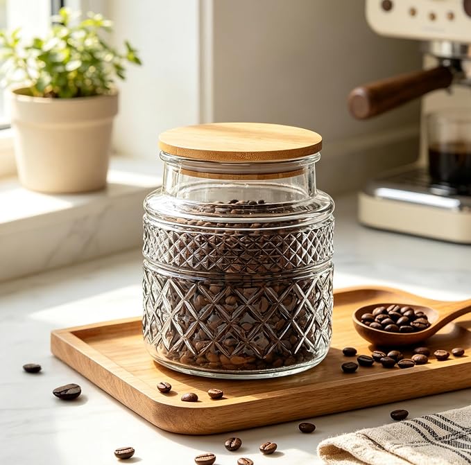 Prettidecor Glass Storage Jar, 38 FL OZ, Food Canisters with Bamboo Lid, Kitchen Containers Decorative Airtight Glass Jars For Cereal Nuts Snack Candy Cookies Coffee Tea
