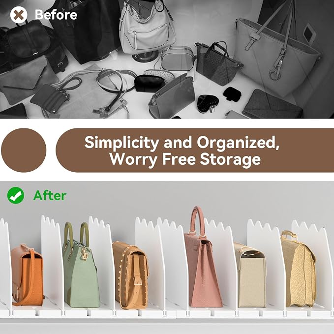 SOYO Adjustable Purse Organizers for Closet, Acrylic Shelf Divider for Bag and Purse Storage, Pocketbook and Handbag Organizer, Bookshelf Separator Organizers for House, Office Use, White，2pc