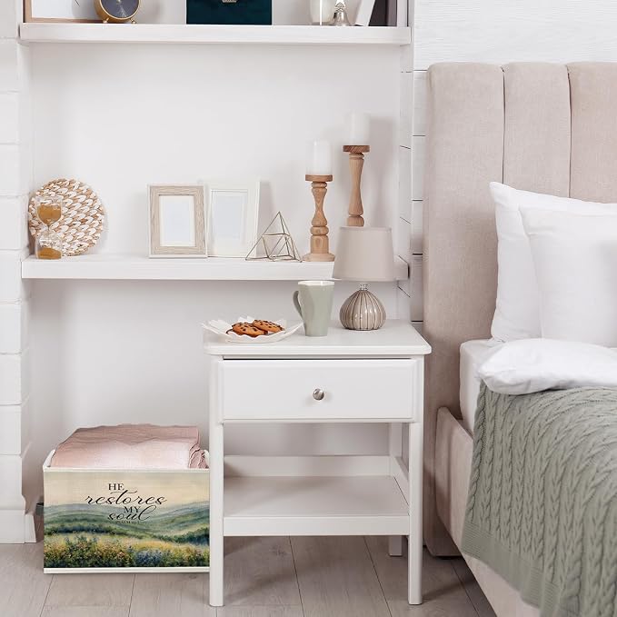 Mountain Wildflower Scenery Christian Storage Bin Box with Handles, He Restores My Soul Bible Verse Foldable Organizer Basket Toybox for Home Bedroom Bathroom Clothes Toys Books