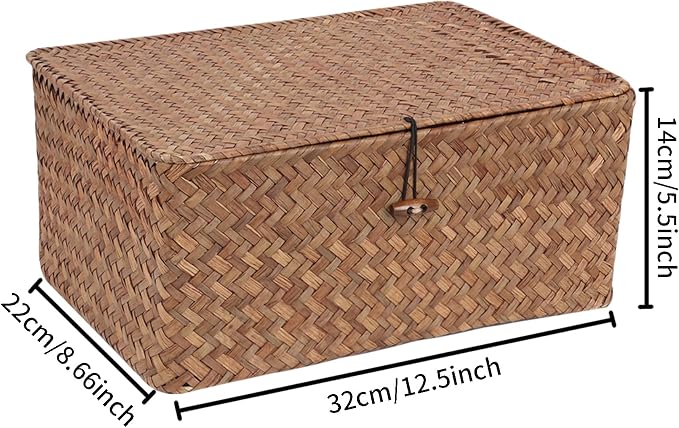 FEIALNDUO Wicker Shelf Baskets with Lid,Seagrass Storage Basket Bins Rectangular Handwoven Basket Boxes for Shelves Desktop Home Organizer (Coffee, Large)