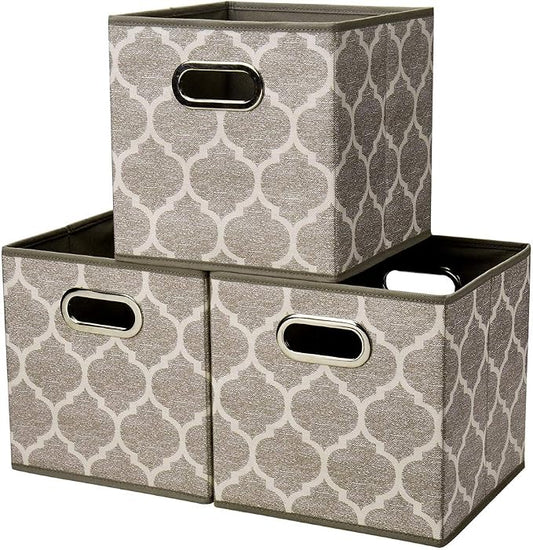 Baskets Storage Cubes 10.5 x10.5 x 11 Inch Cuibcle Baskets Brown Beige Cloth Storage Cubes Bins Foldable Fabric Storage Boxes Inserts Cube Drawers for Storage Organizer ,QY-SC08-3