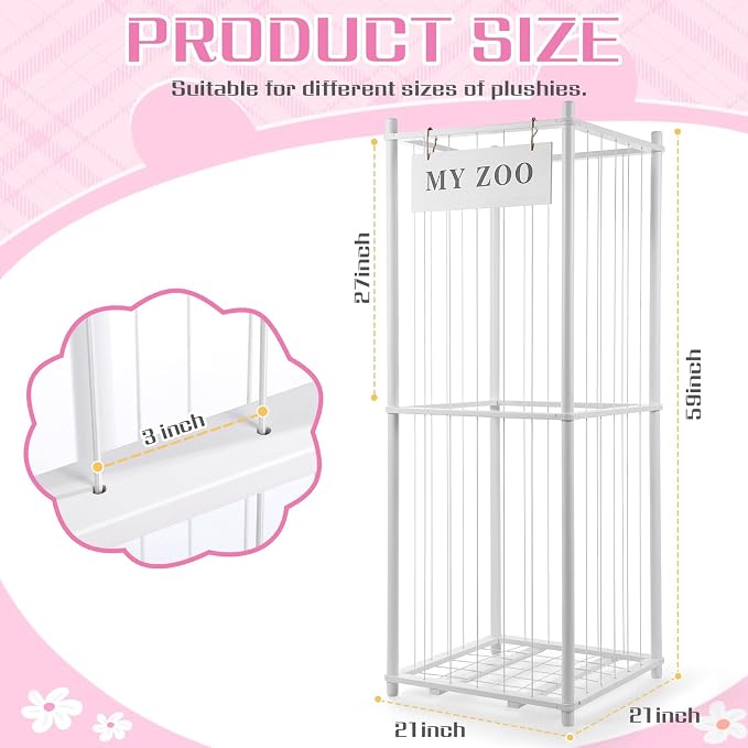 GLDZI Stuffed Animal Storage Zoo, Wooden Stuffed Animal Organizer with Elastic Cords for Boys Girls, Space Saving Toy Plushies Storage Holder for Playroom, Bedroom, Living Room (White, Large)