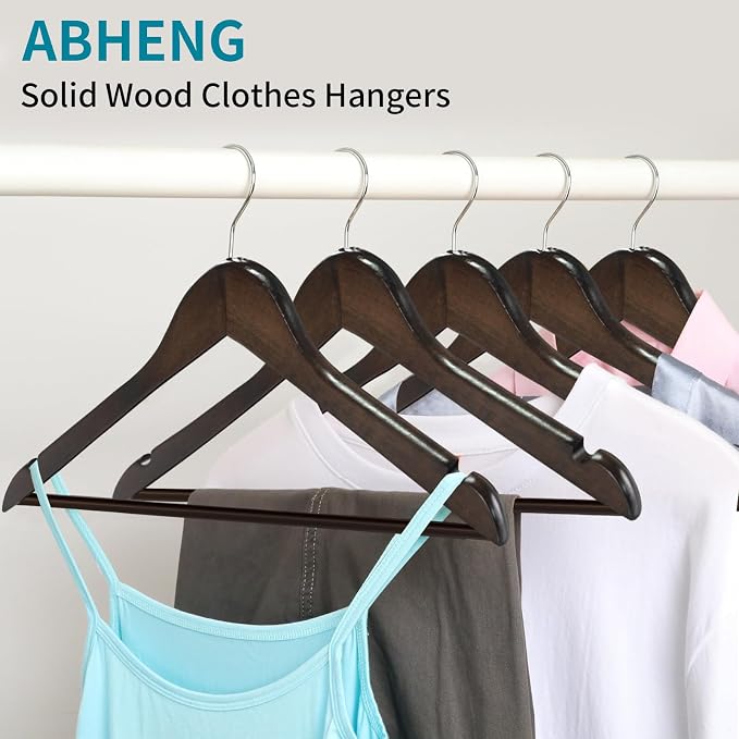 ABHENG 30 Pack Wooden Coat Hangers, 360° Swivel Hook, Suit Hangers with Anti-Slip Notches, for Jackets, Shirts, Dress, Dark Walnut, UAWY0530H