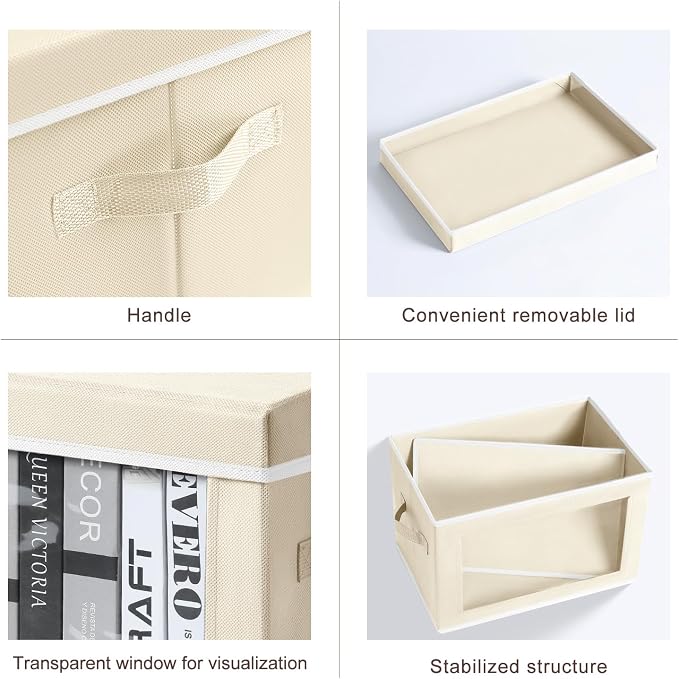 Homsorout Storage Boxes with Lids - 4 Pack Fabric Clear Window Storage Bins, Large Decorative Storage Bins with Handles, Linen Closet Organizer for Clothes, Towel, Blanket, Beige
