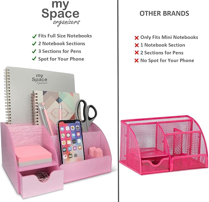 My Space Organizers Pink Desk Organizer Office, Acrylic, with Drawer, 9 Compartments, Supplies and Cool Desk Accessories Organizer, Desktop Pen Holder (Pink)
