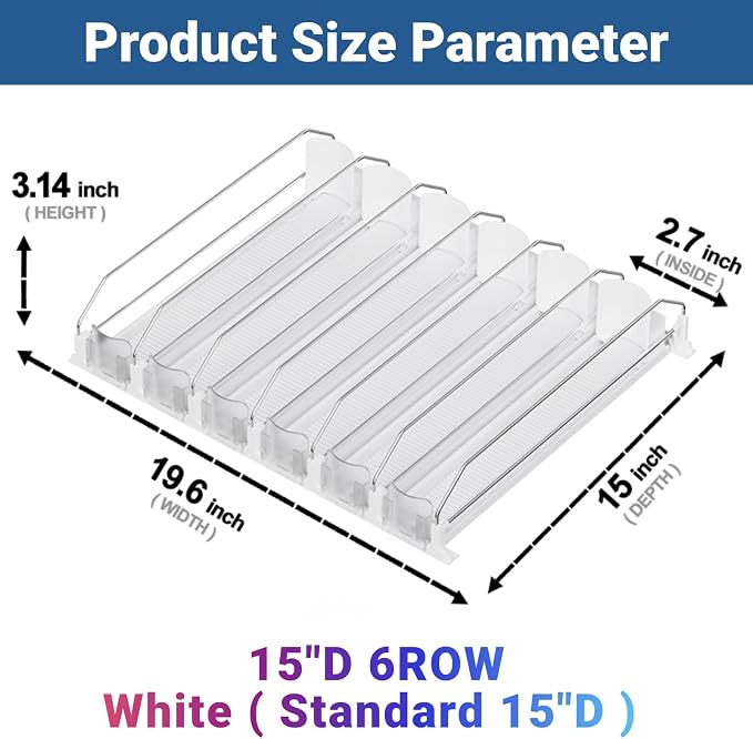 Drink Organizer for Fridge,12oz 16oz 20oz - Soda Can Dispenser for Refrigerator,Width Adjustable,Automatic Pusher Glide (White, 15" D 6ROW, Holds 30 Cans)