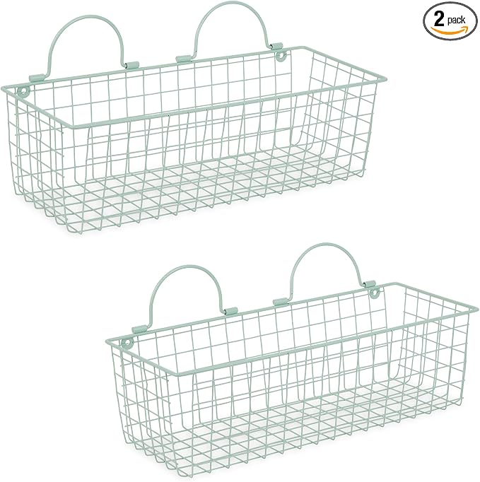DII Farmhouse Vintage Decor, Wire Wall Basket, Medium, Aqua, 2 Piece
