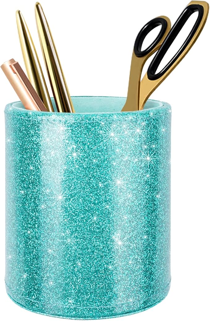 Glitter Pen Holder Pencil Organizer, Cute Pencil Cup Desk Decor, Decorative Makeup Brush Holder Large, Leather Multi-Functional Organizer Cup for Office, Home, Classroom, Blue+Green