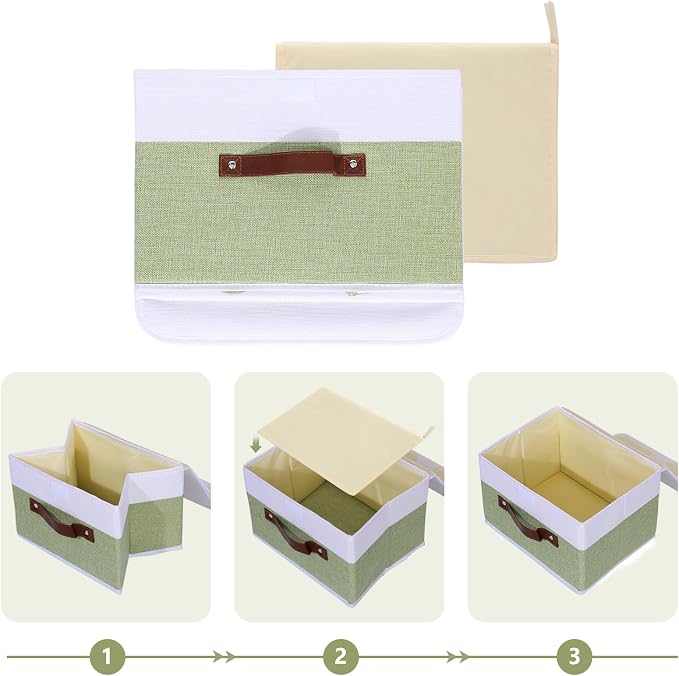 ANMINY 2PCS Storage Boxes with Lids Washable Decorative Storage Bins Basket with PU Leather Handle Foldable Linen Fabric Storage Cubes Containers for Home Closet Organizer - Green White, Medium