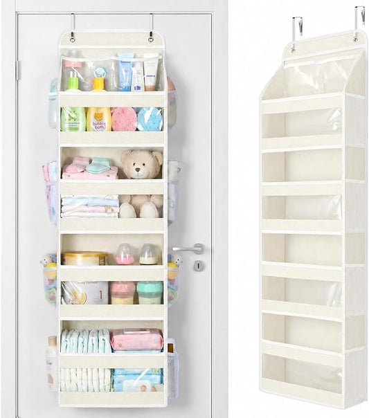 Yecaye 5 Tier Over the Door Organizer, Swing-proof Door Organizer Hanging with Clear PVC Windows, Behind the Door Storage for Bedroom Nursery Closet Laundry Pantry Bathroom, Cream White