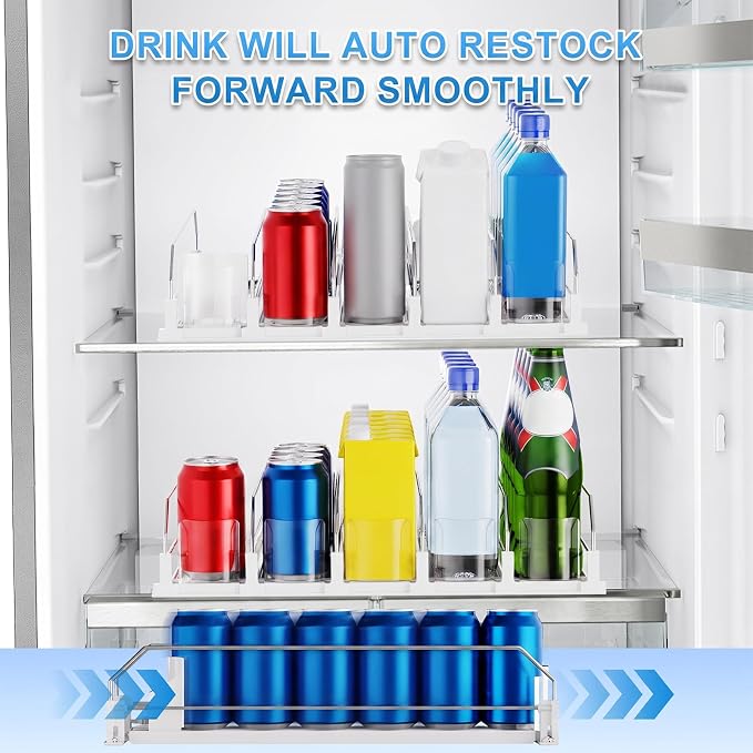 Dayacoco Drink Organizer for Fridge,5 Rows Fridge Soda Can Organizer,20oz 16oz 12oz-Self Pushing Soda Dispenser for Fridge,Adjustable Width-Holds up to 25 Cans,White