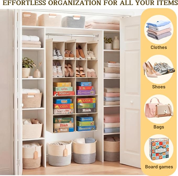5 Tier Hanging Closet Organizer, 14 Compartments Dual Row Storage, Beige | Closet Organizers and Storage with Large & Small Cubbies, 3 Sturdy Hooks Support Heavy Loads, Ideal for Dorm, Garment Rack
