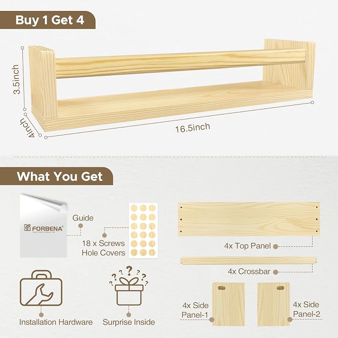 Forbena Natural Wood Nursery Book Shelves Wall Mounted, Floating Bookshelf for Kids Room, Baby Toys and Books Storage Organizer Bookshelves for Toddler Child Bedroom Bathroom (4 Pack Light Wood)