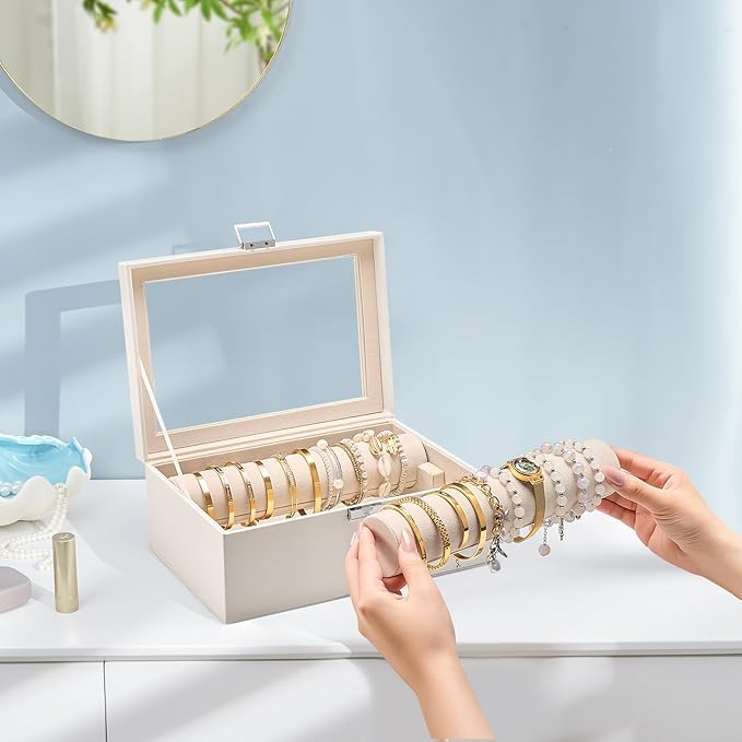 Lolalet Bracelet Display Holder with Rods for Bangles Watches, Clear Lid Jewelry Organizer Box Storage Case for Women Girls -Beige, 2 Rolls