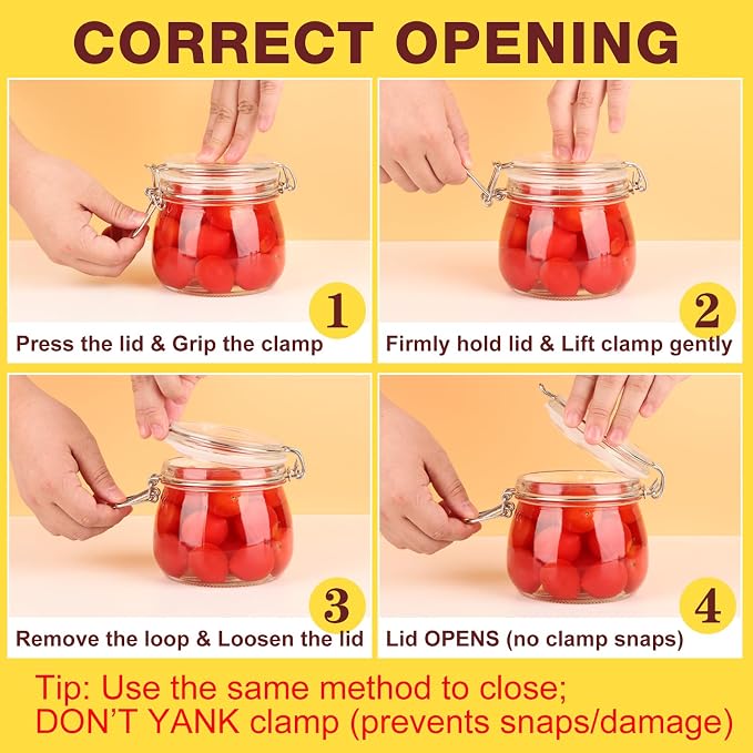 HINGWAH 16 oz Glass Jars with Airtight Lids, 6 Pack Wide Mouth Mason Jars with Clamp Lids for Kitchen Canisters, Food Storage Containers for Pickling, Coffee, Spices, Sugar, Herbs