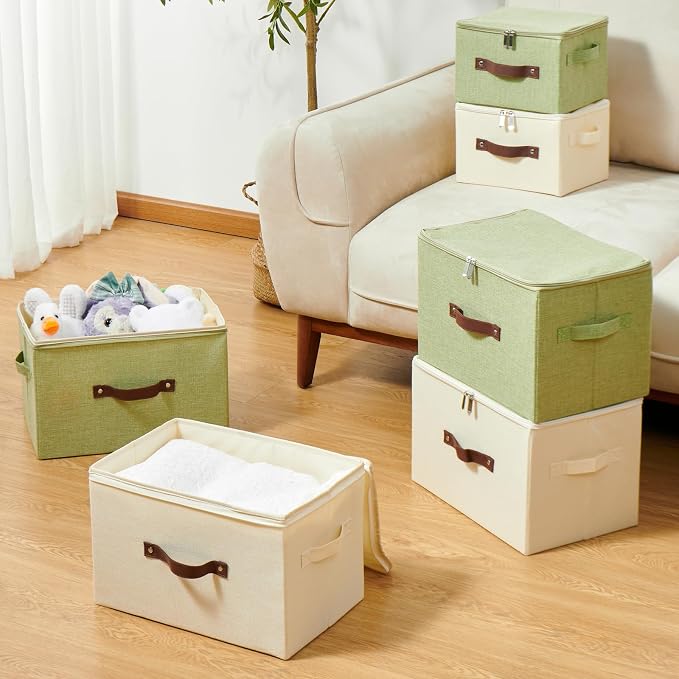 Storage Bins with Zipper Lid Cotton Linen Fabric Lidded Storage Baskets Boxes Foldable Washable Closet Shelf Clothes Organizer Container with PU Leather Handles (Beige, Small Size)