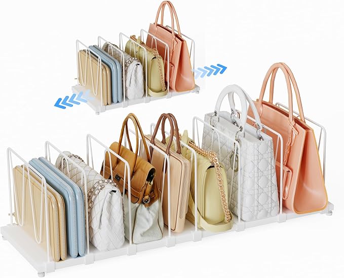 Dmevkic Extendable Purse Organizers Purse Storage. Length 16-28 in. Bag Organizer Purse Holder for Closet with 8 Adjustable Shelf Dividers Patent Pending